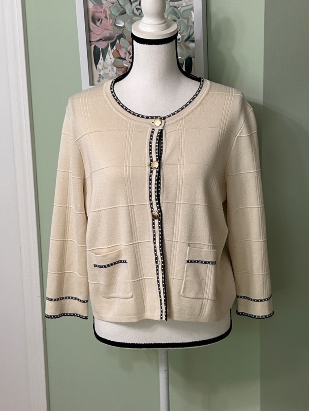 Adrianna Papell Cream Cardigan with Black Trim